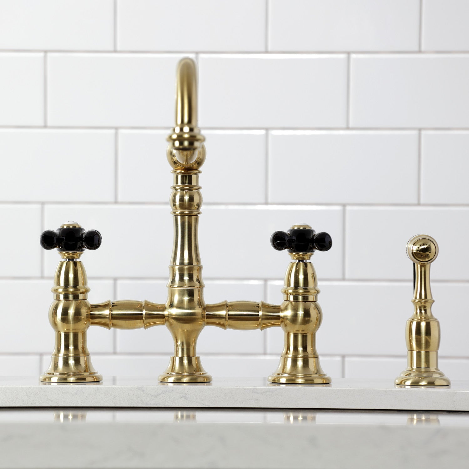 Kingston Heirloom KS3277PKXBS - Duchess Two-Handle 4-Hole Deck Mount Bridge Kitchen Faucet with Brass Sprayer, Brushed Brass — thumbnail 3